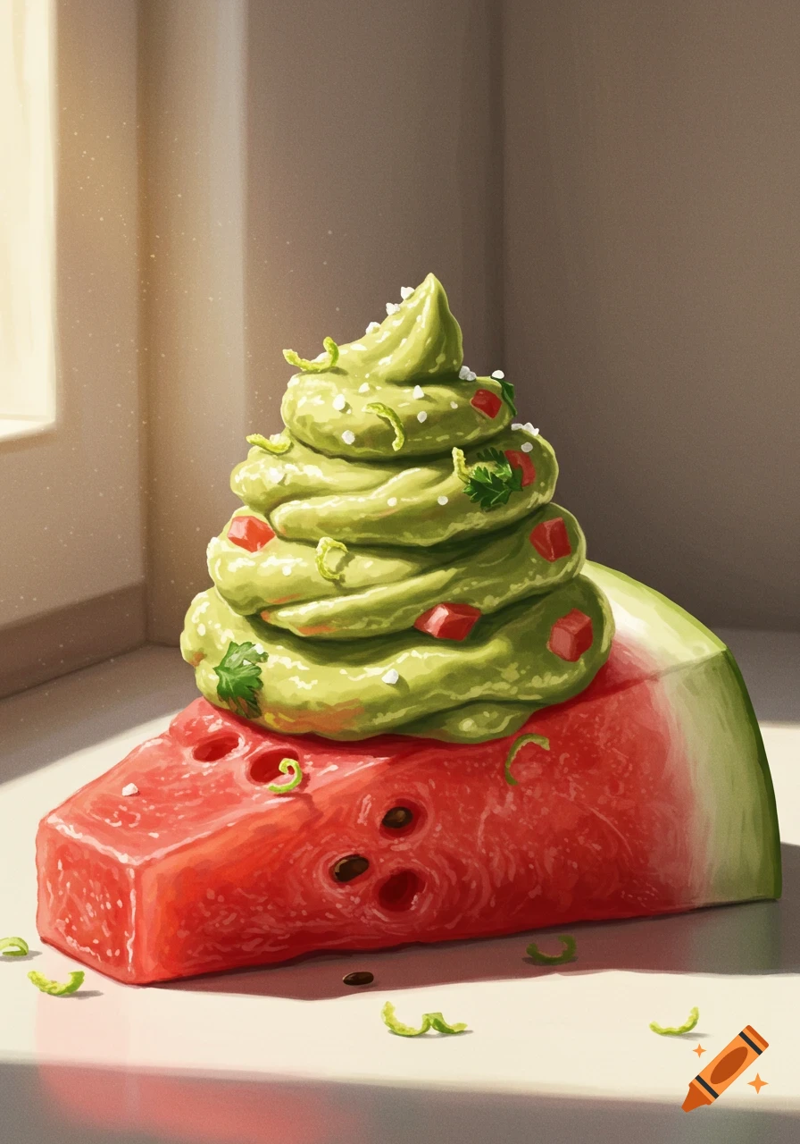 A digital painting of a slice of watermelon topped with a swirl of guacamole, sprinkled with salt and lime zest, on a table.