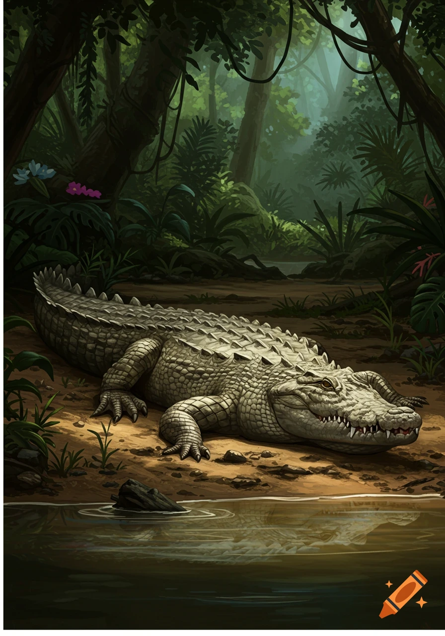 A large crocodile rests on the muddy bank of a dark river in a lush, dense jungle.