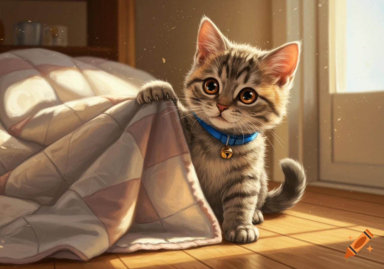 A cute tabby kitten with large orange eyes and a blue bell collar peeks from behind a quilted blanket on a sunlit wooden floor.