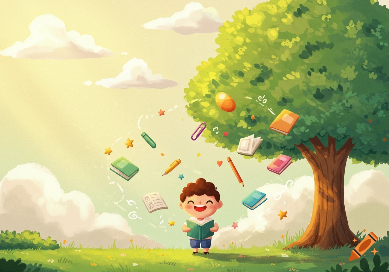 A happy cartoon boy reads a book in a grassy field with a large tree. School supplies and abstract symbols float around him against a bright, sunny sky with clouds. The style is bright and whimsical.