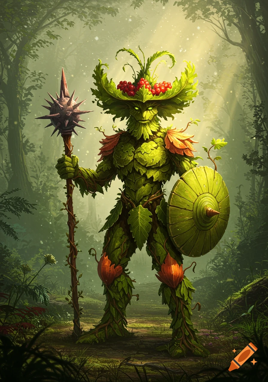A fantasy plant man made of leaves and red berries, holding a spiked morning star and shield in a vibrant forest.