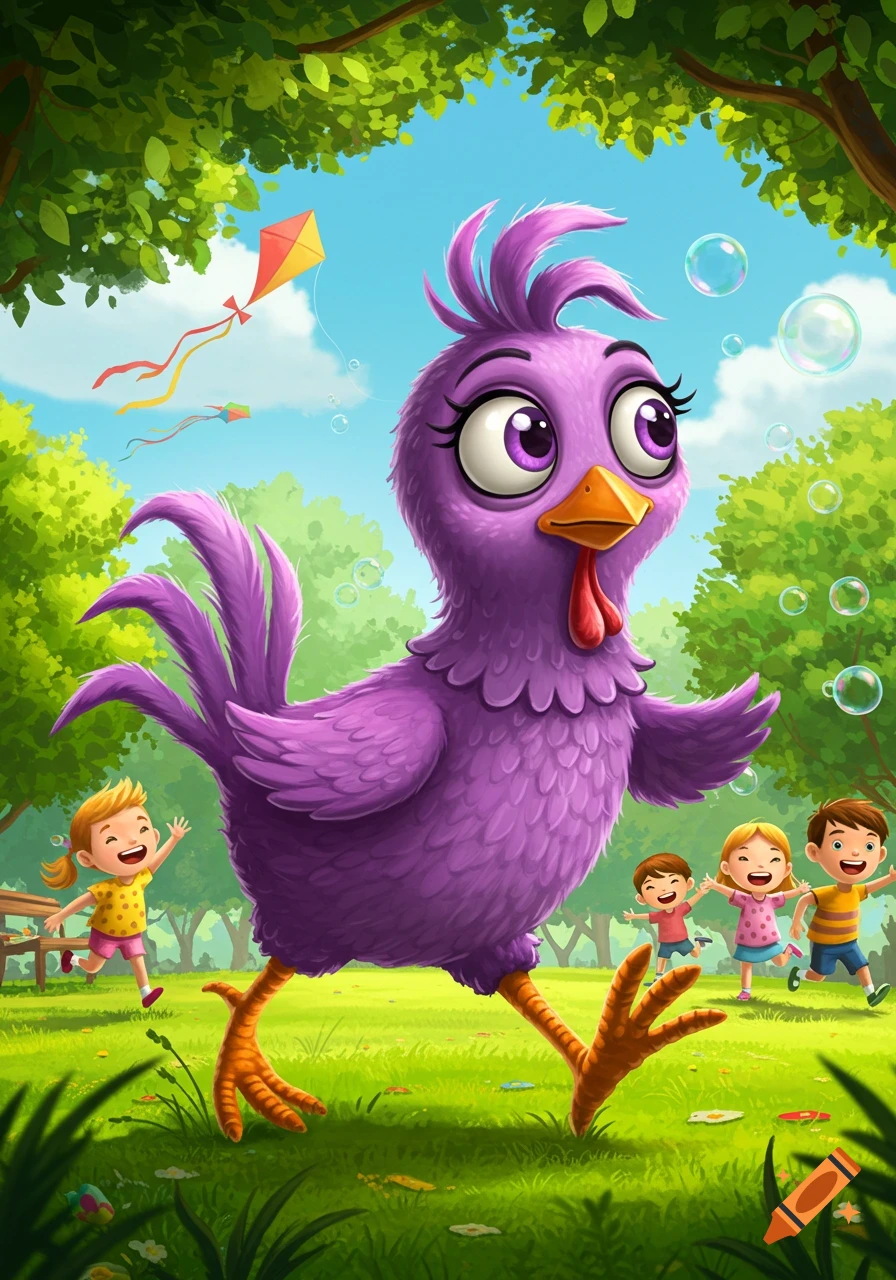 A large, purple cartoon chicken runs through a sunny park with green grass, chasing happy children as a kite flies in the blue sky.