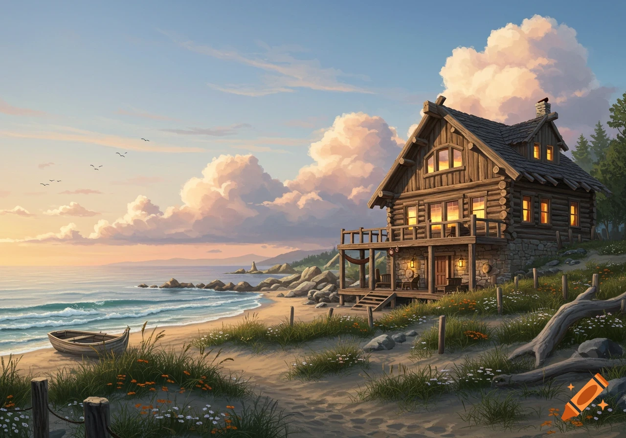 A serene log cabin beach house sits on a sandy shore with a small boat, overlooking a calm ocean at sunset under a cloudy sky.