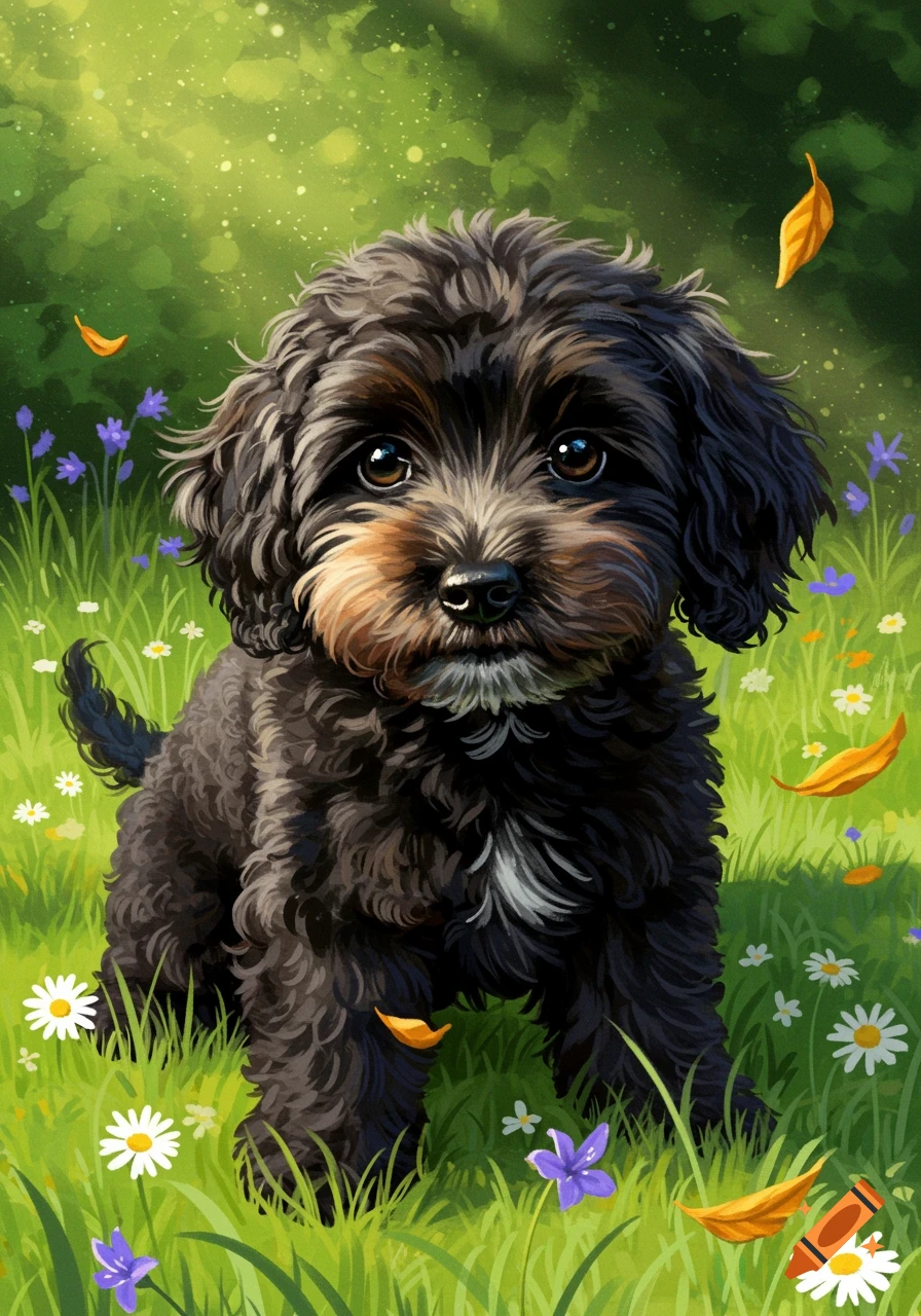 A cute black Cockapoo puppy sitting in a grassy field with colorful flowers and falling leaves, digital art style.