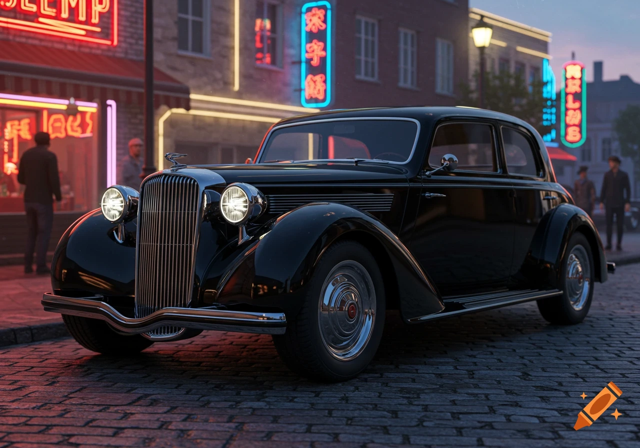 A black 1930s-style sedan parked on a cobblestone street at dusk, illuminated by glowing neon signs from buildings.