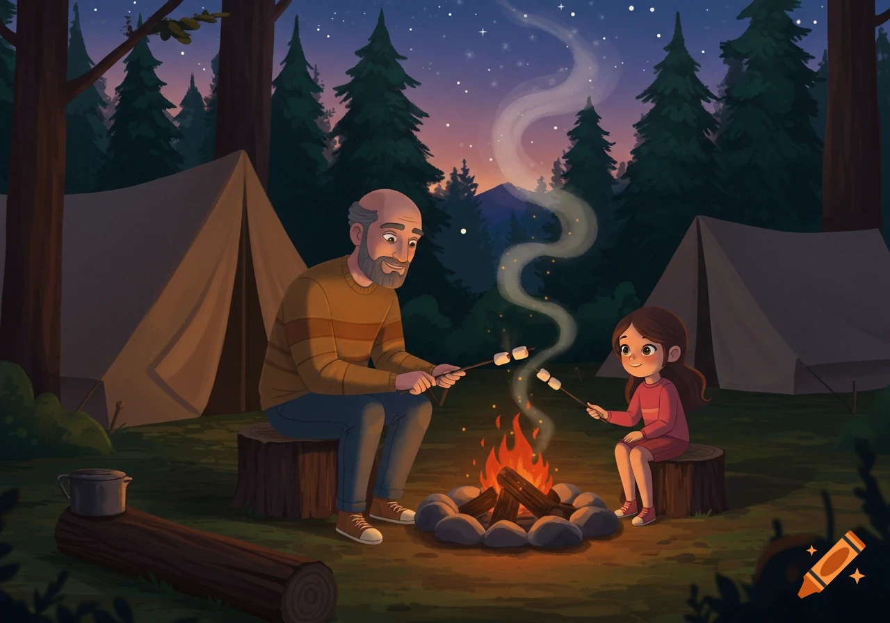 An animated illustration of a father and daughter roasting marshmallows over a campfire at a campsite under a starry night sky.
