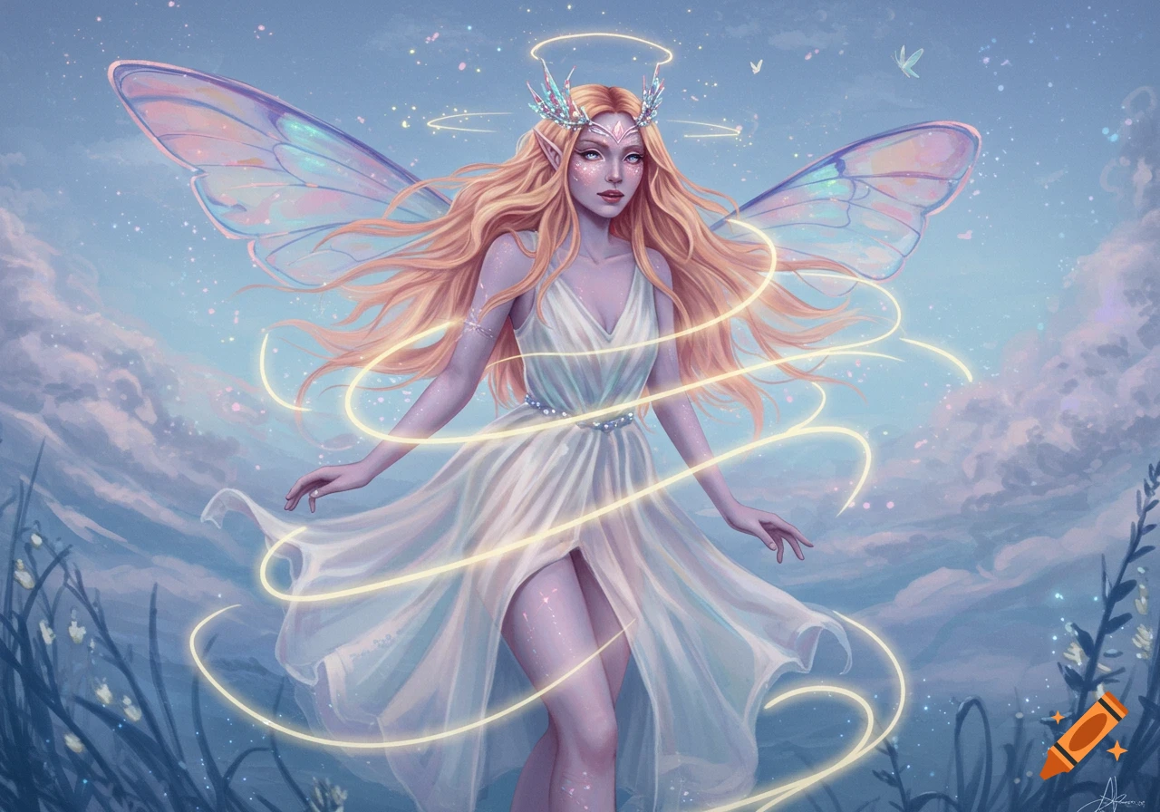 A radiant fairy with long blonde hair, iridescent wings, a white dress, and a jeweled crown, surrounded by glowing golden light in a pastel sky.