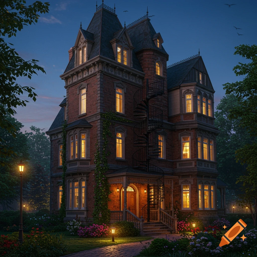 A tall, old brick house with glowing windows at dusk, surrounded by a lush garden with illuminated pathways and lampposts.