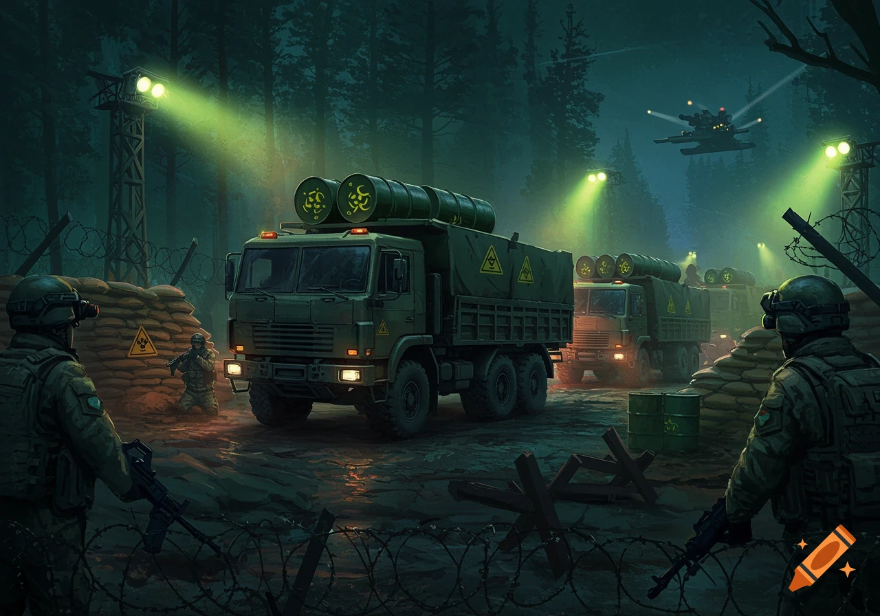 Military trucks carrying biohazard barrels on a dark forest road, guarded by soldiers, with green spotlights and a hovering aircraft.