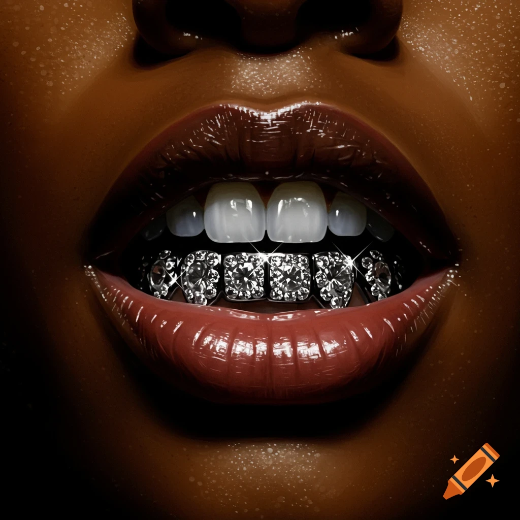 Close-up of a person's mouth with dark skin, glossy red lips, and shiny diamond grills on the bottom teeth, appearing to growl.