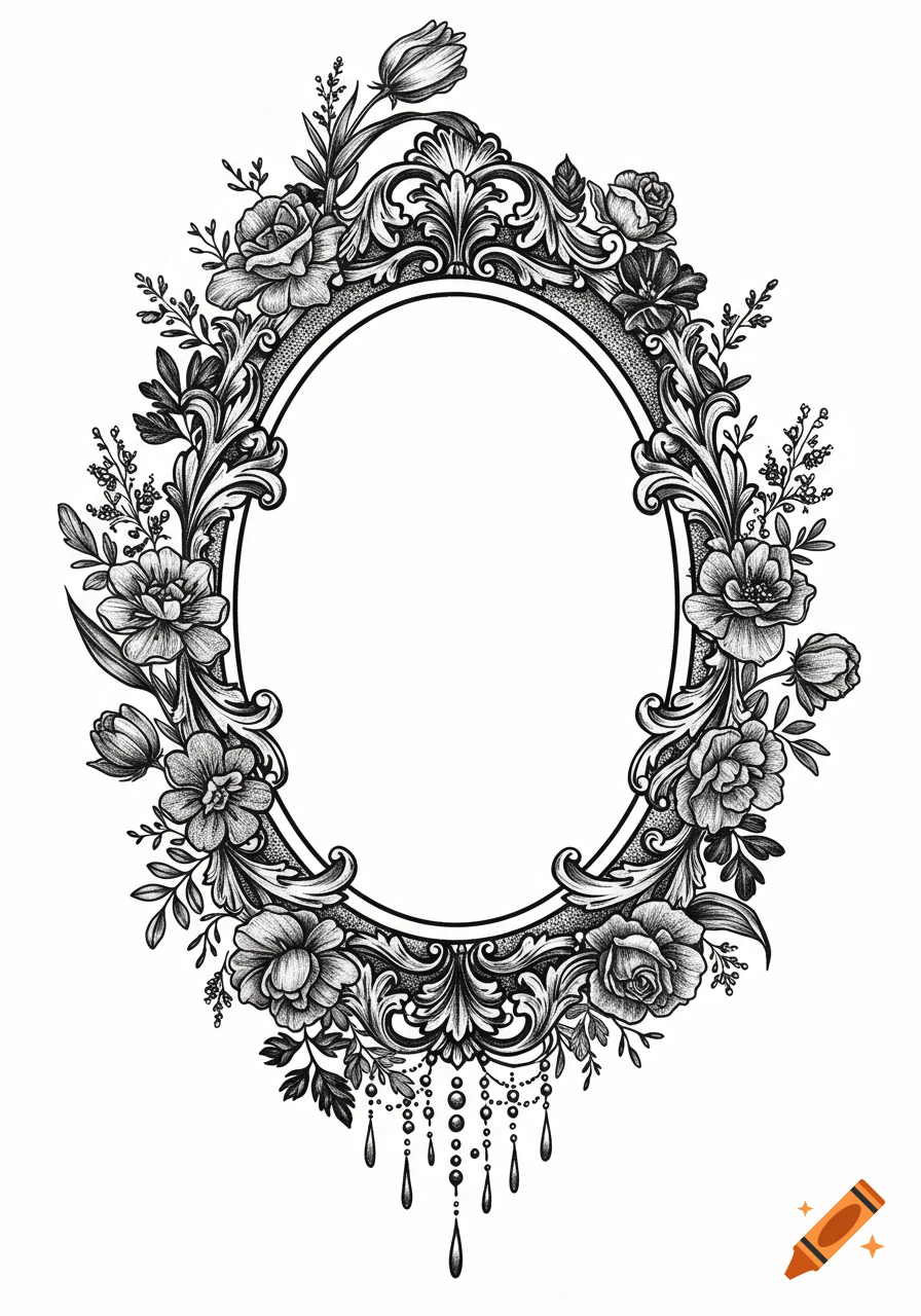 An ornate black and white oval frame surrounded by detailed roses, tulips, and wildflowers.