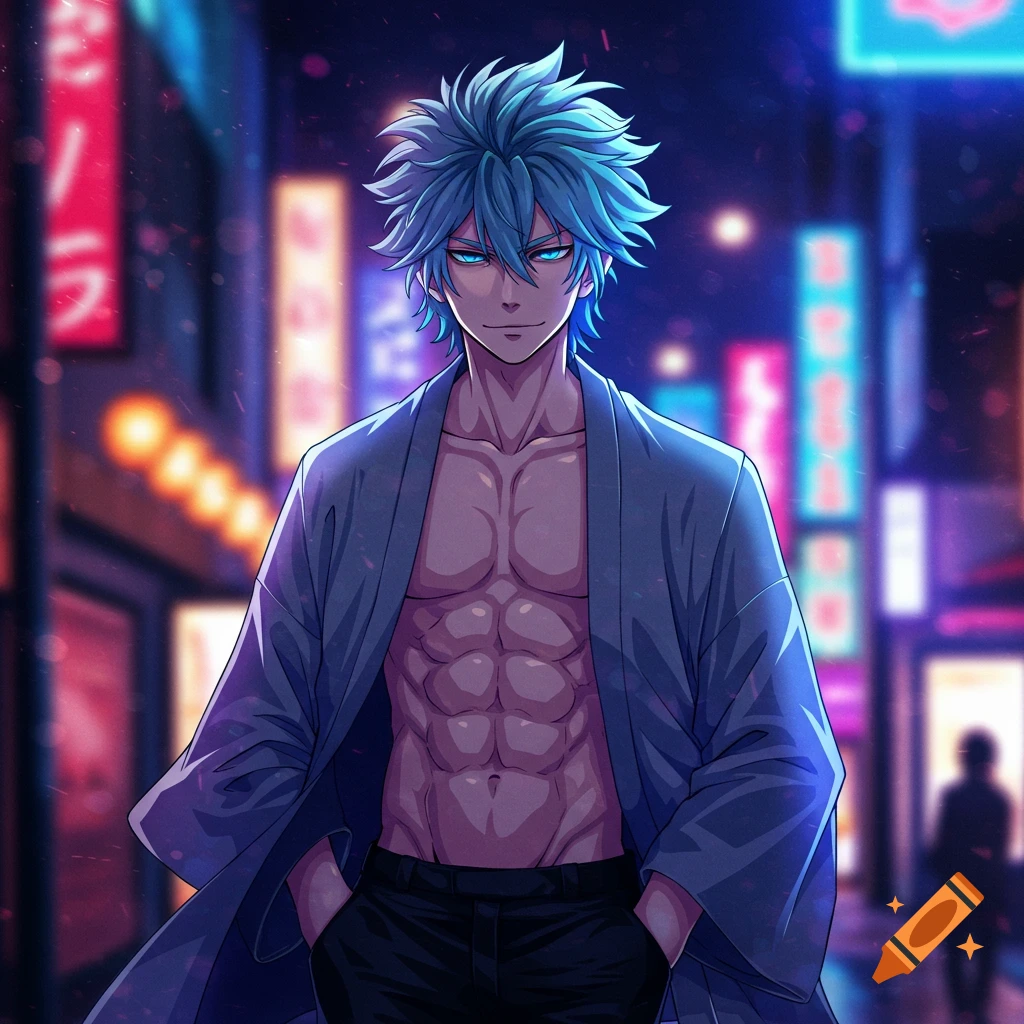Anime boy with blue spiky hair and glowing eyes, wearing an open kimono jacket, revealing abs, on a neon-lit city street.