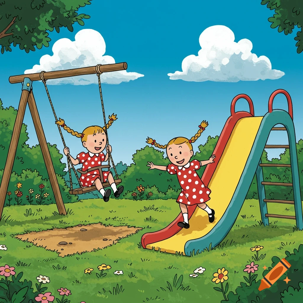 Animated twin girls playing in a bright green playground with a swing and a slide under a blue sky.