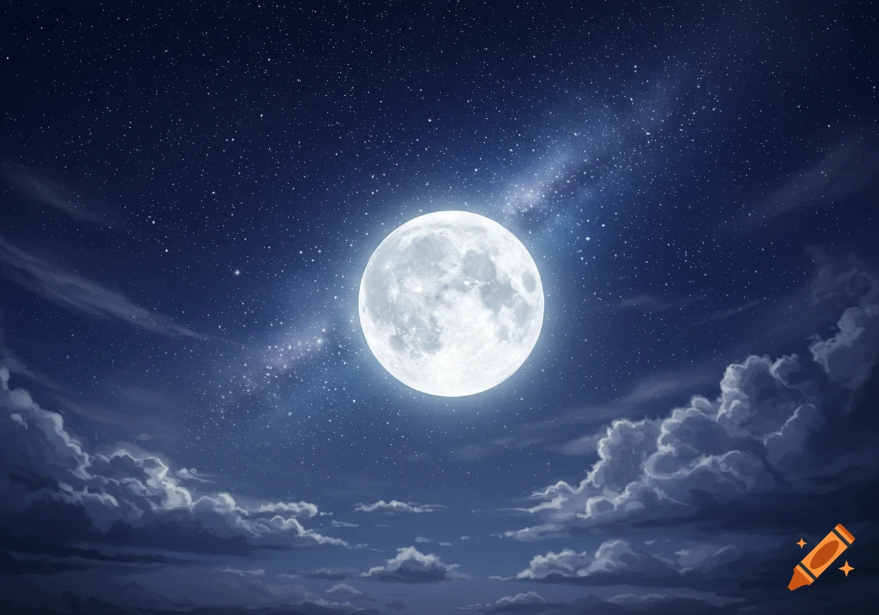 A bright full moon glows in a dark blue, star-filled night sky, with wispy clouds below.