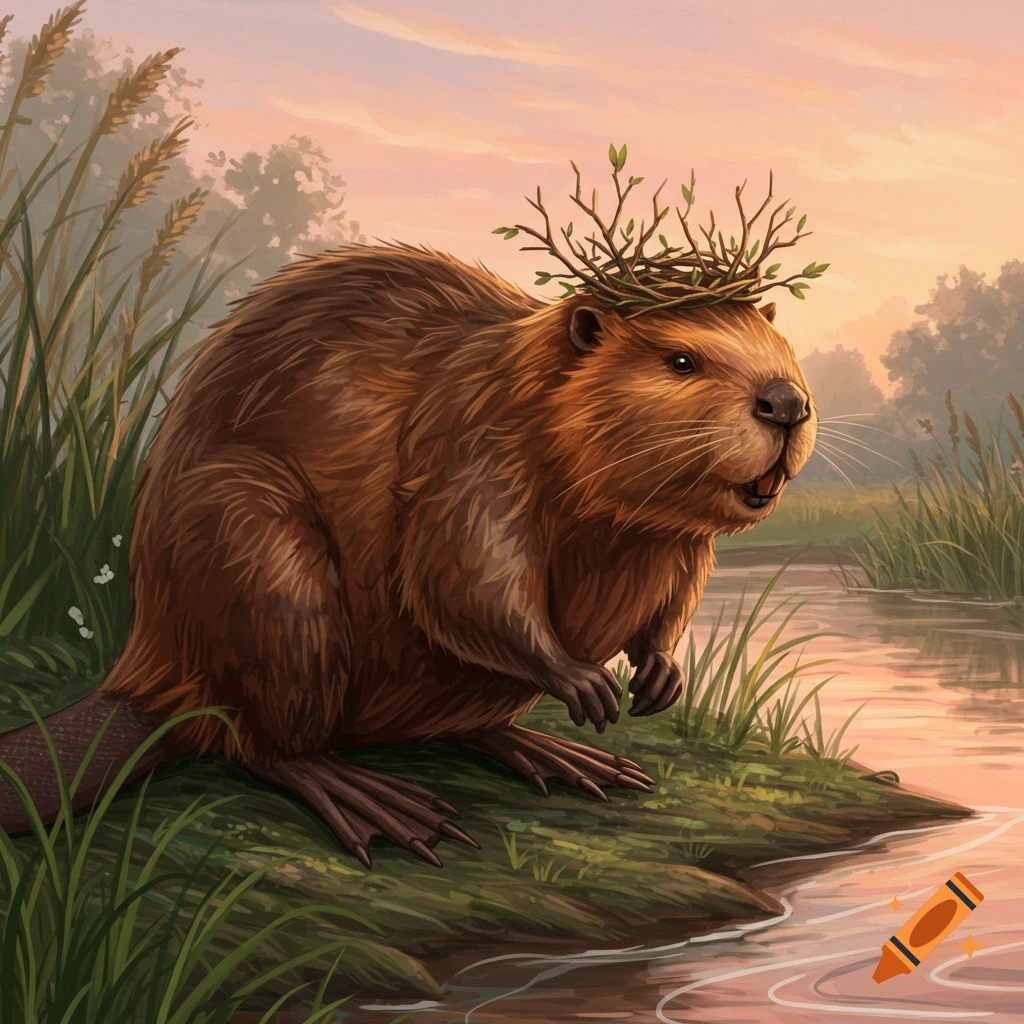 A brown beaver wearing a leafy twig crown sits by a riverbank at sunset.