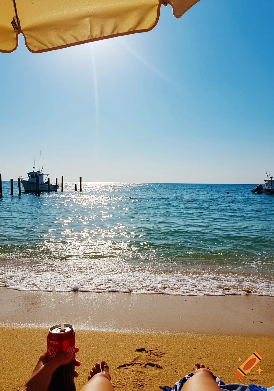 POV shot of legs and hand holding a Coca-Cola can on a sunny beach under a yellow umbrella, with the ocean and a boat in the background.