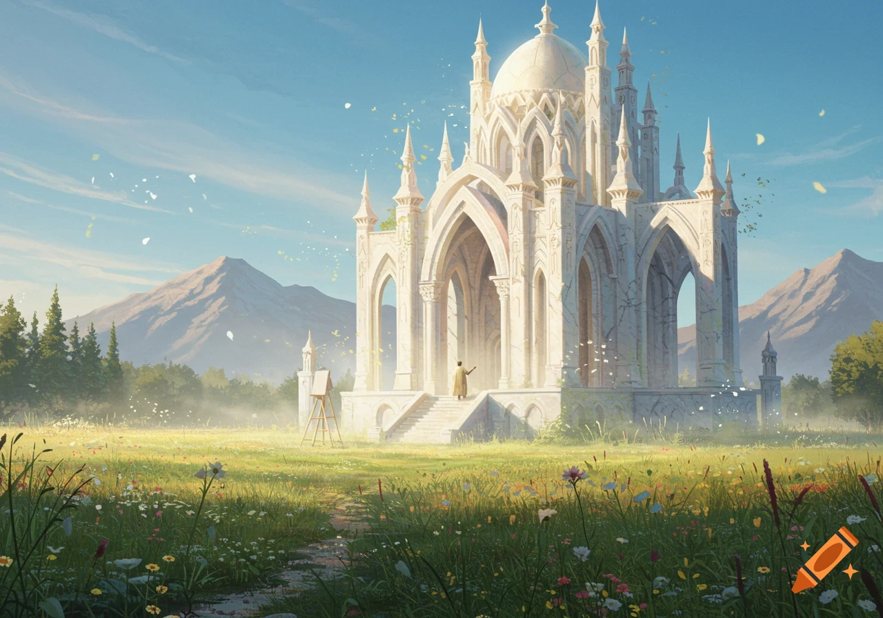 A grand white fantasy temple stands in a vibrant wildflower meadow with a figure on its steps, surrounded by mountains under a clear sky.