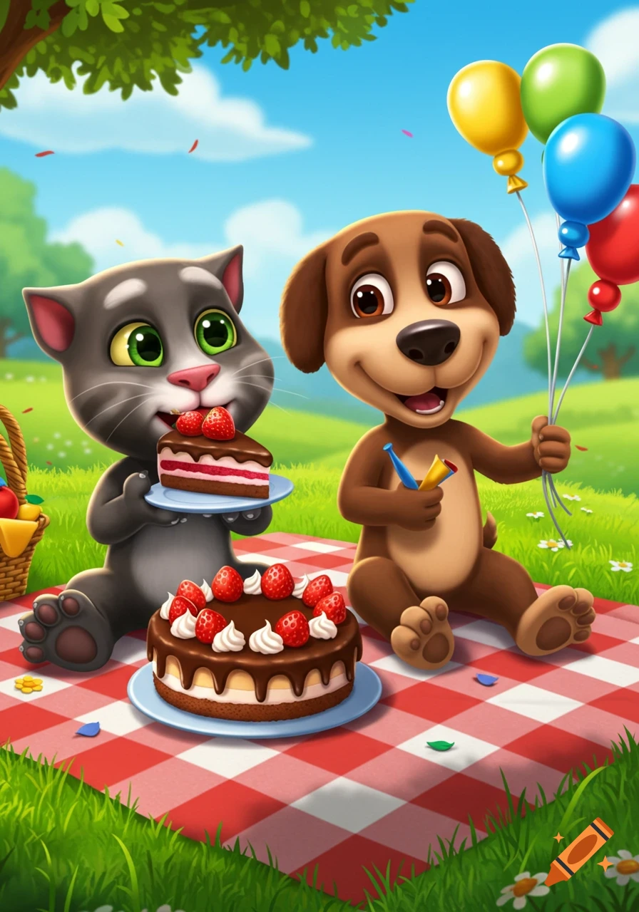 A cartoon gray cat eats cake with strawberries, while a brown dog holds balloons, both sitting on a red checkered picnic blanket in a sunny field.