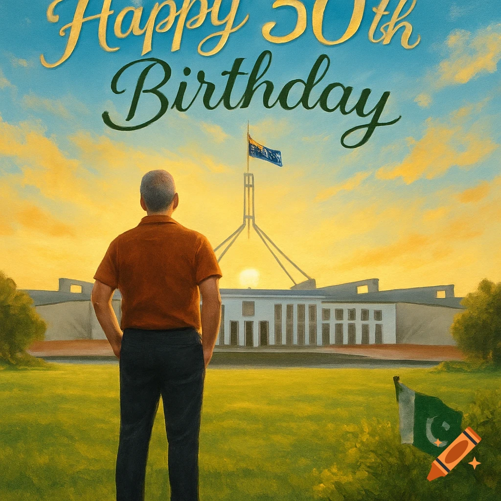 A man from behind looks at Parliament House under a sunset sky, with a Pakistani flag in the foreground and 'Happy 50th Birthday' text.