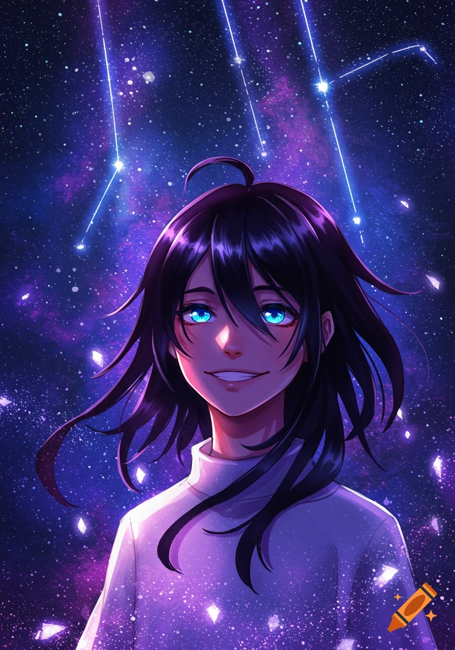 A smiling anime character with dark hair and glowing blue eyes against a vibrant purple and blue galaxy background with stars.