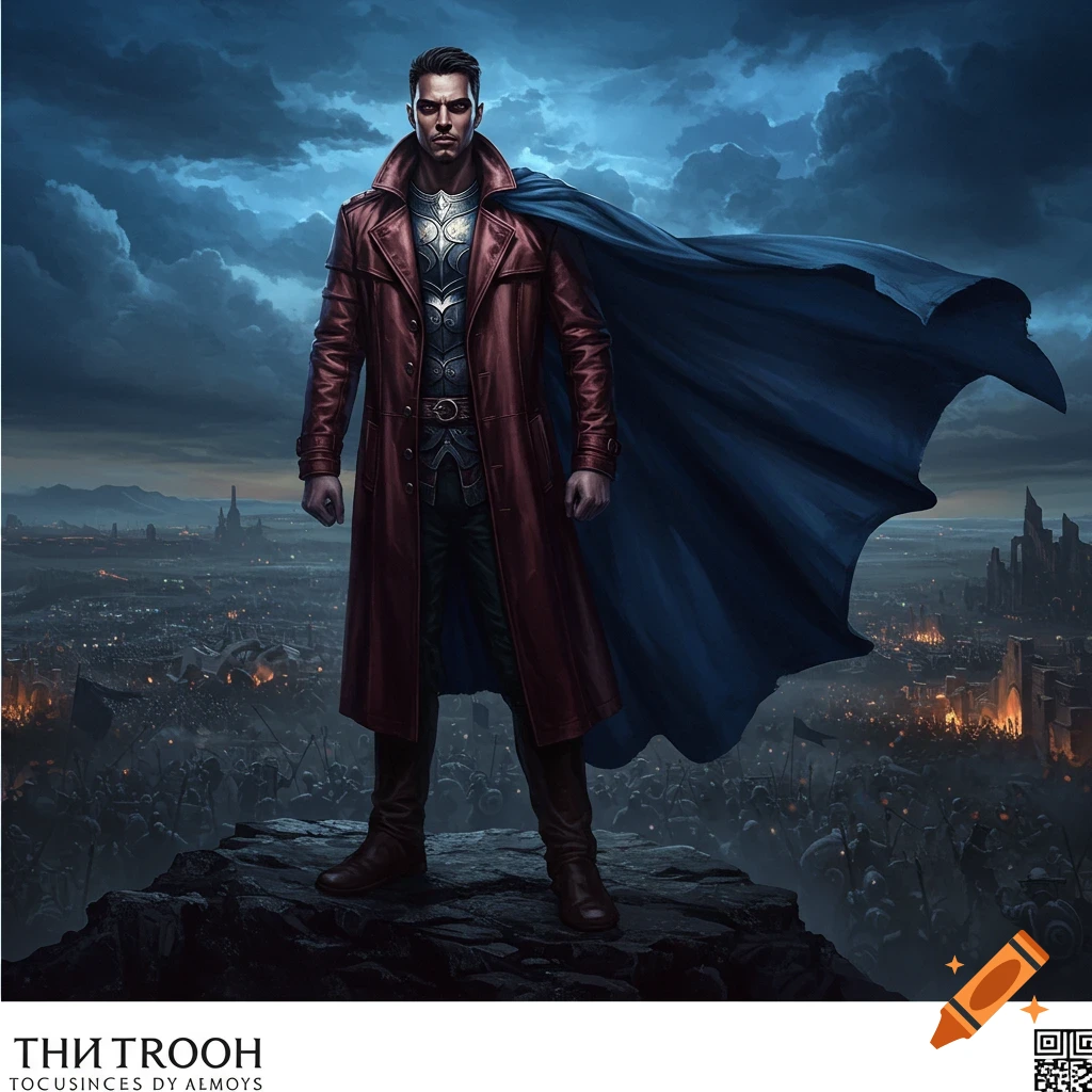 A dark warrior in a red leather trench coat and blue cape stands on a rock overlooking a gloomy, war-torn city under a stormy sky.