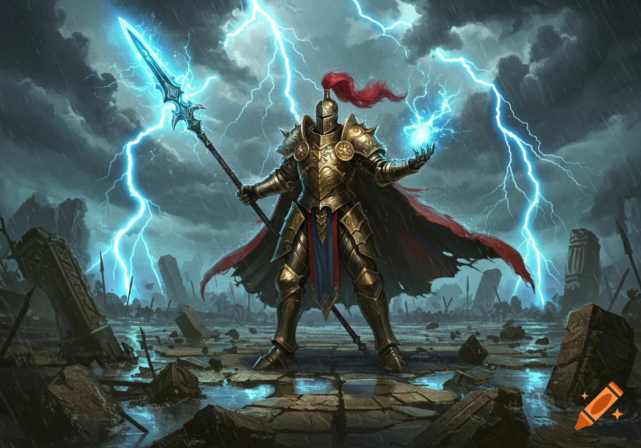 A formidable knight in golden armor stands in a ruined, stormy landscape, holding a spear and summoning bright blue lightning.