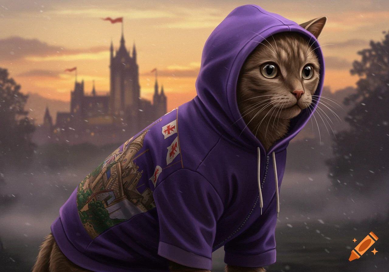 A brown tabby cat wearing a purple hoodie with a castle design and flags, standing against a sunset backdrop with a blurred castle in the distance.
