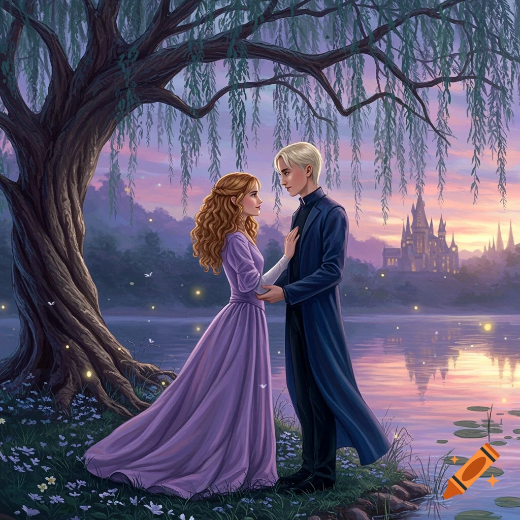 Hermione and Draco from Harry Potter stand under a weeping willow by a lake with a castle at sunset, fantasy art style.