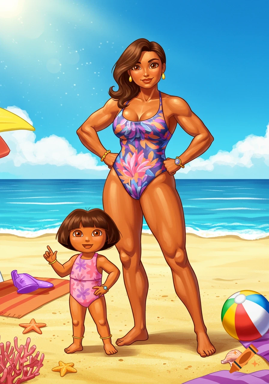 Cartoon illustration of Dora and her muscular mother in swimsuits posing at the beach under a sunny sky.