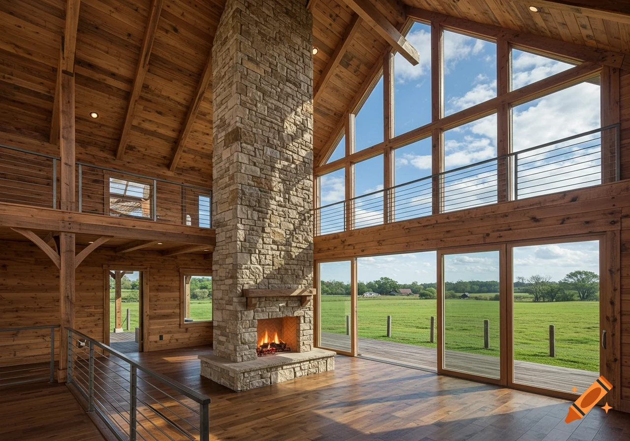Spacious modern barndominium interior with high wood ceilings, stone fireplace, and large windows overlooking a green field.