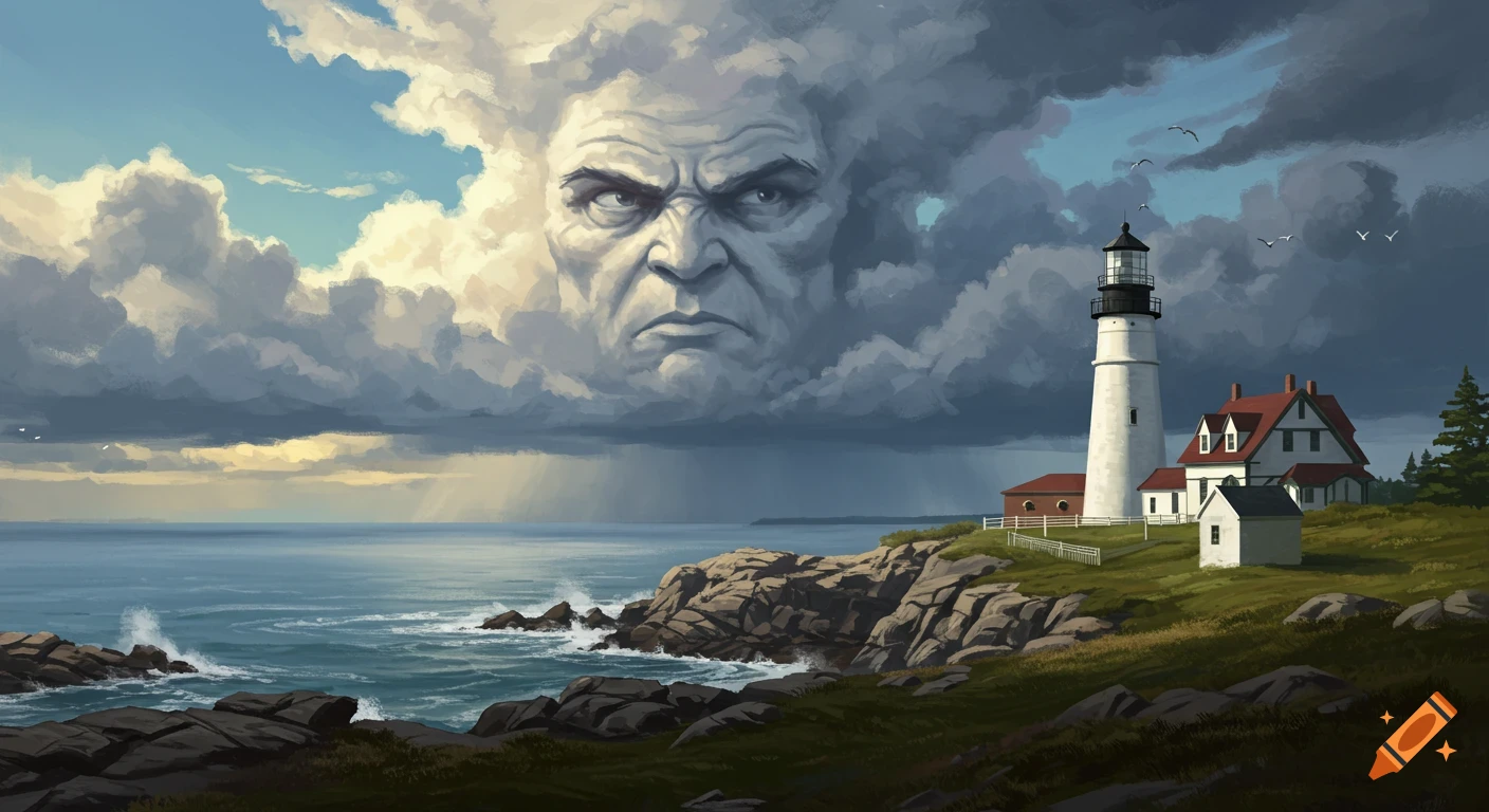 Digital painting of a menacing cloud looming over a stormy ocean with a lighthouse on a rocky Maine coast.