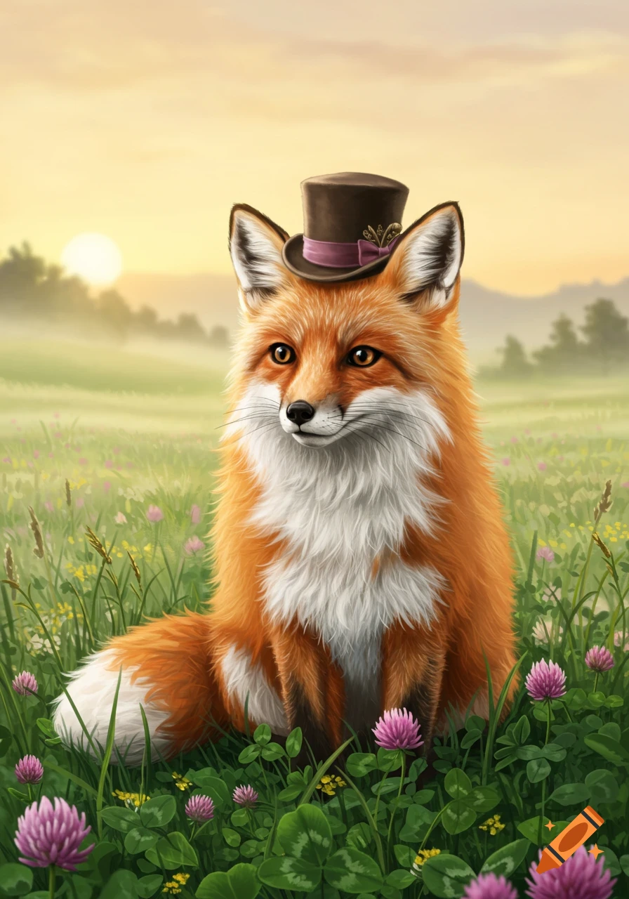 A cute orange and white fox wearing a brown top hat sits in a field of green grass and purple clover under a soft sunset sky.
