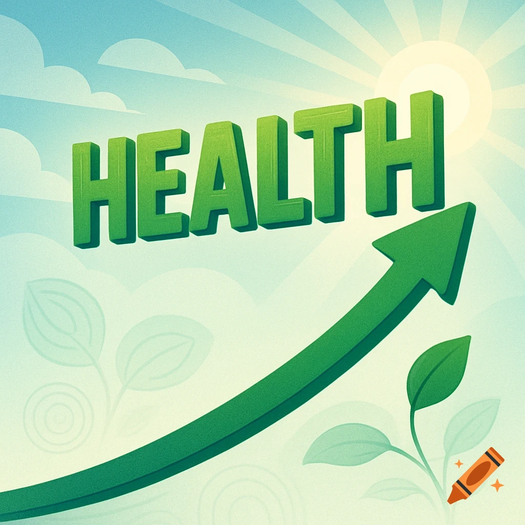 Green 3D word HEALTH rising on an upward arrow with plants and a sunny sky, stylized illustration.