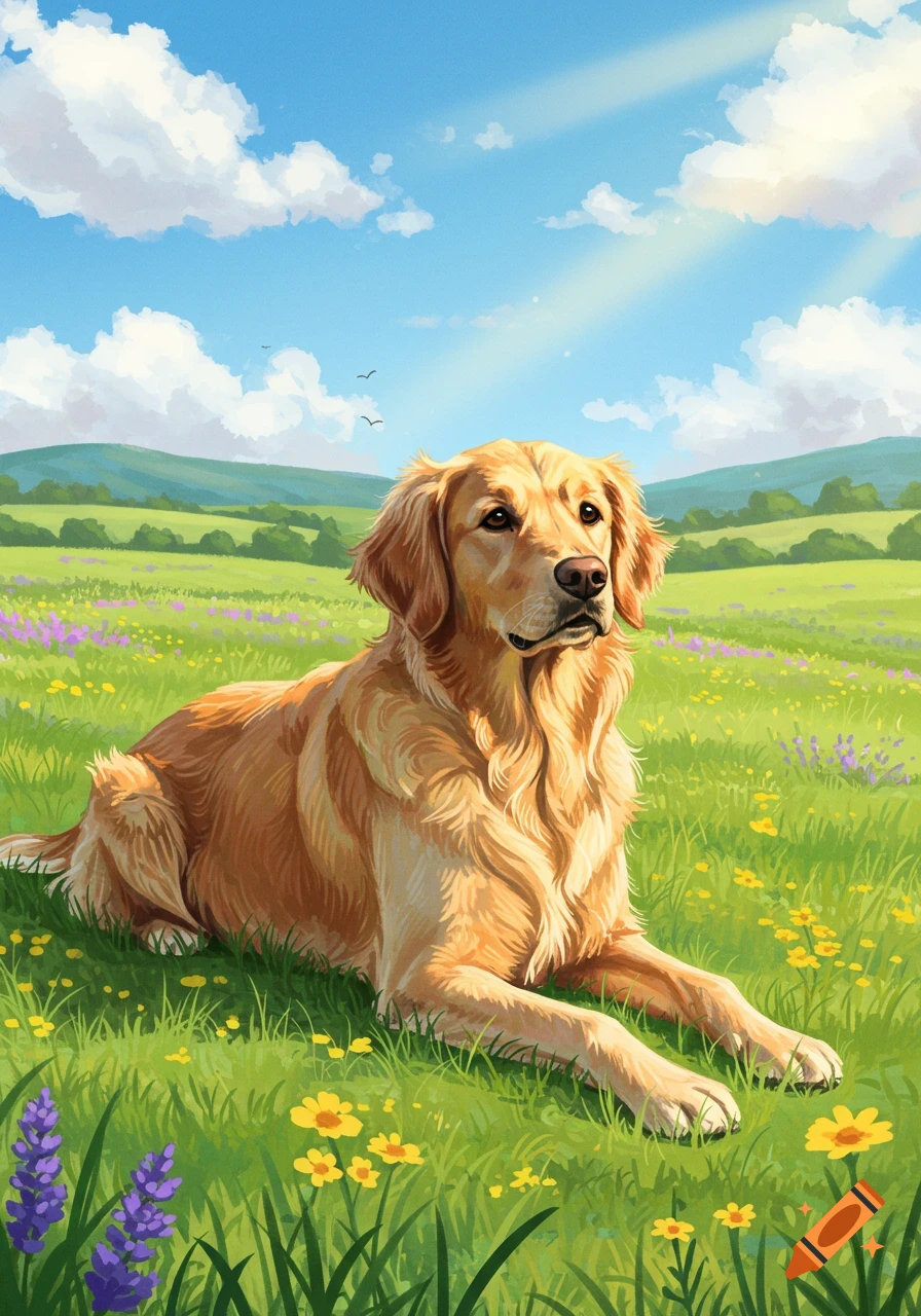 A golden retriever dog lies in a sunny green field filled with wildflowers under a blue sky with clouds.
