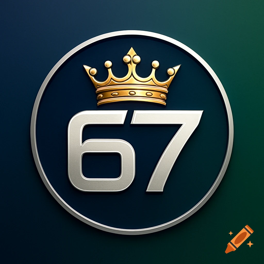 A silver metallic number 67 with a gold crown on top, inside a dark blue circle with a silver border. The background is a dark blue and green gradient.