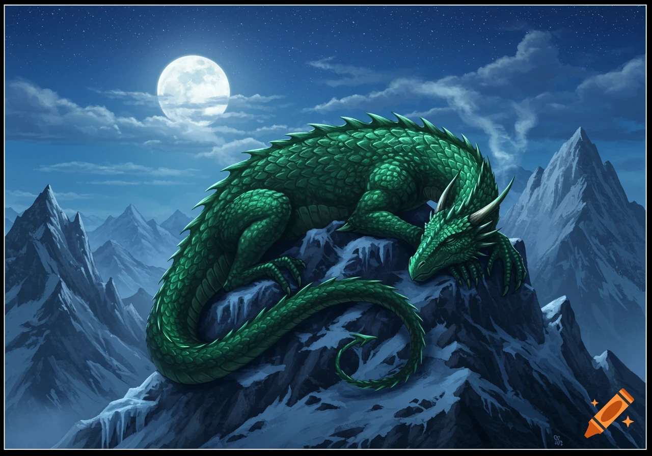 A green dragon sleeping on a snowy mountain peak under a bright full moon and starry night sky.