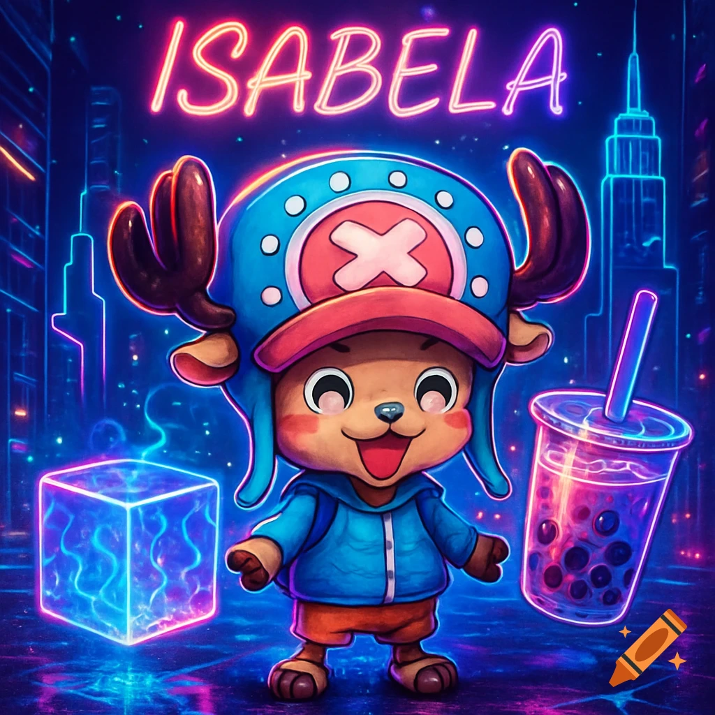 A happy Tony Tony Chopper from One Piece in a vibrant cyberpunk city with neon lights, a glowing cube, and bubble tea, under the neon name 'ISABELA'.