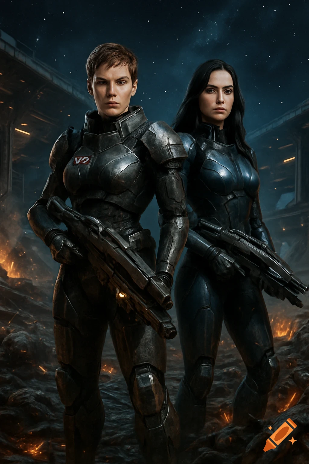 Two women in futuristic combat armor, holding rifles, stand on a debris-strewn space outpost under a starry sky, with distant explosions.