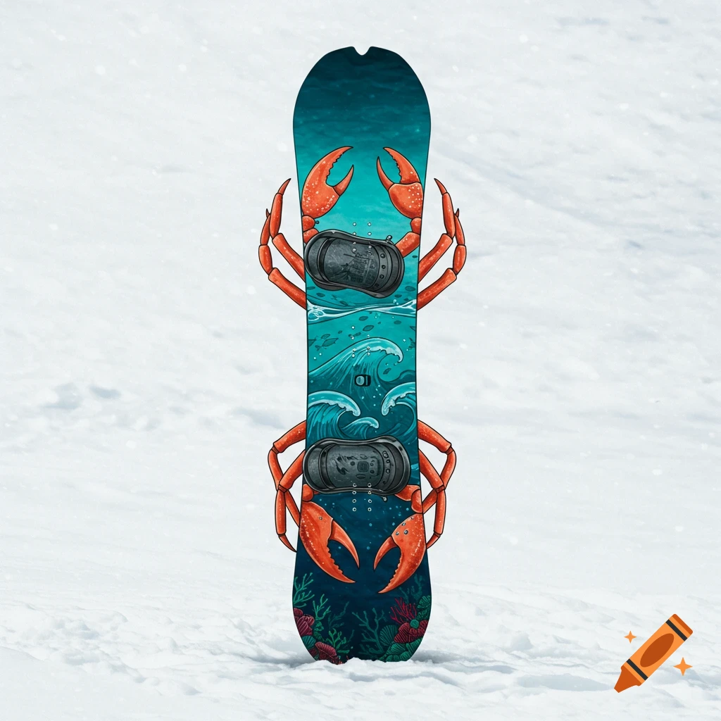 A snowboard with a blue and teal ocean theme, featuring large red crab claws holding it from the sides, standing in white snow.