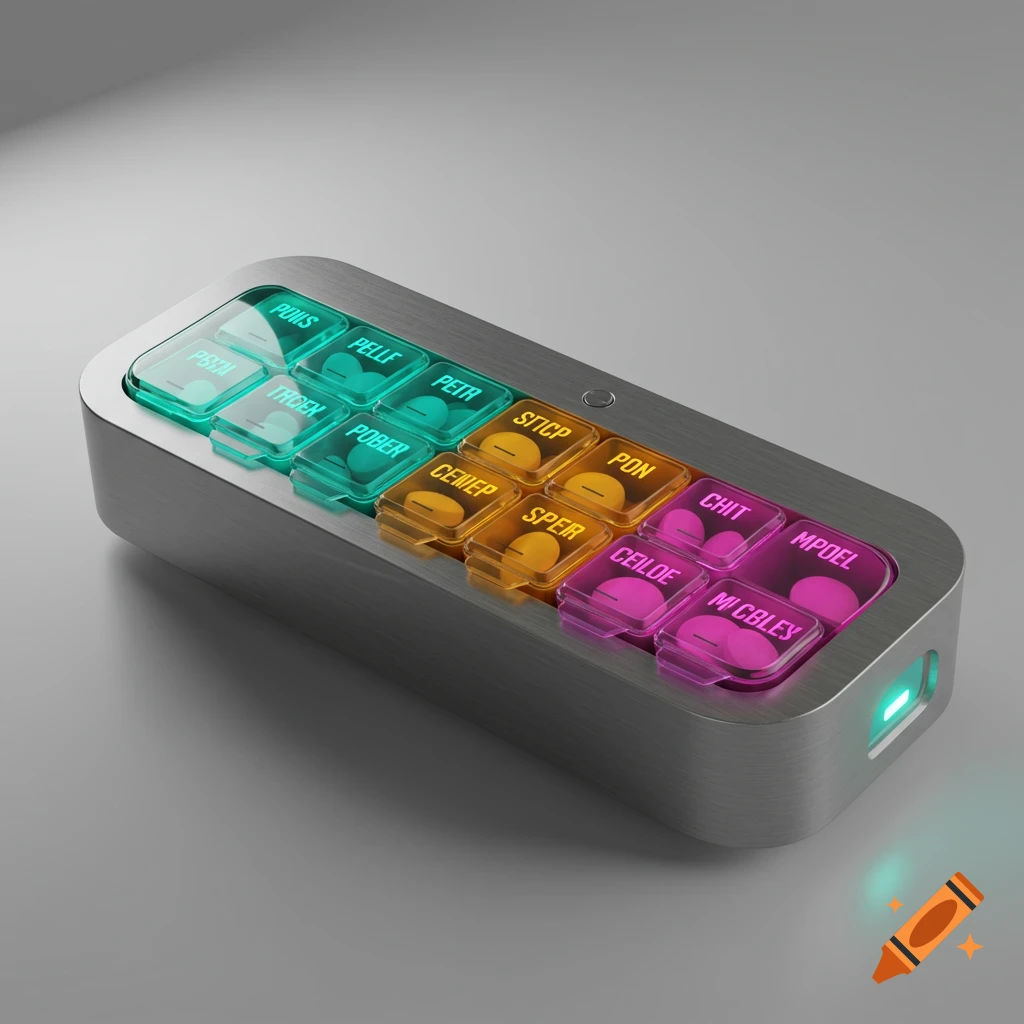 A sleek, modern digital pill organizer with color-coded compartments, each containing pills and glowing text labels.