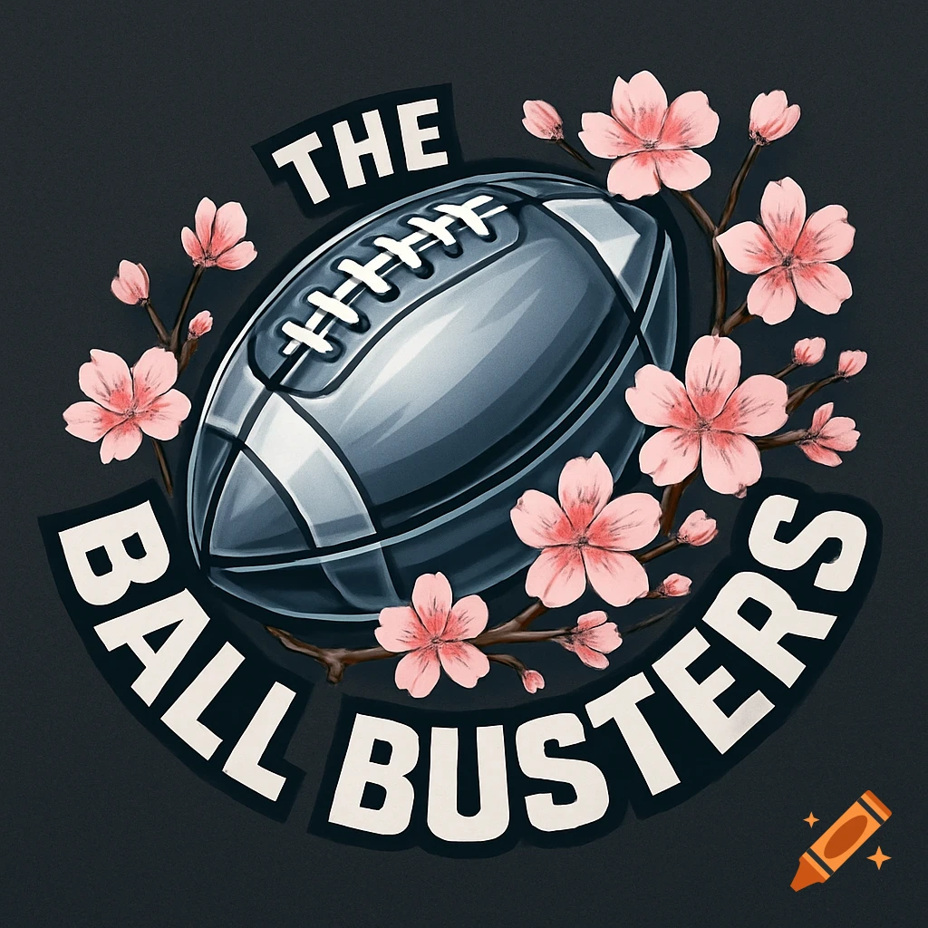 An illustrative logo featuring a football surrounded by pink cherry blossoms, with the text "THE BALL BUSTERS" curved around it.