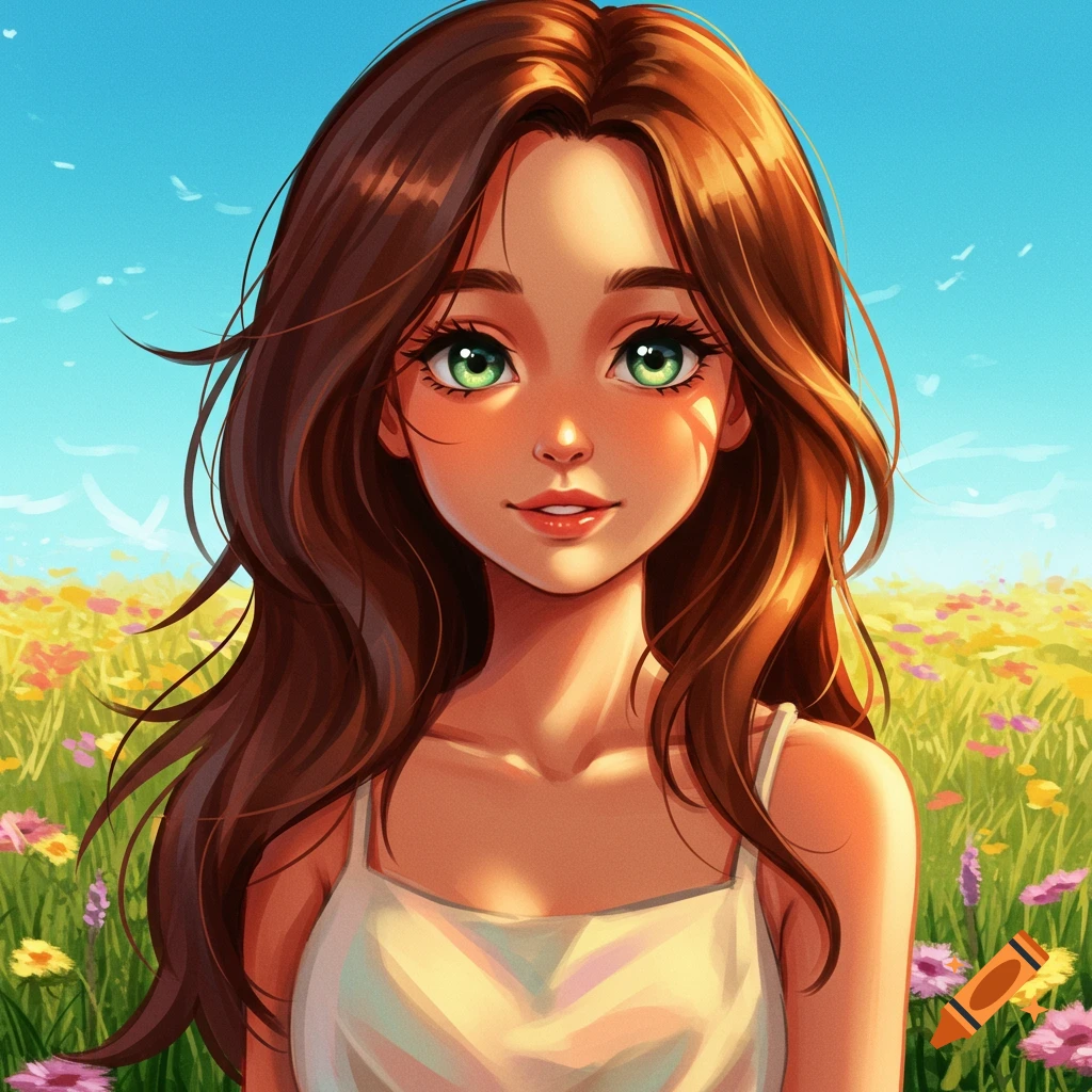 An anime girl with long brown hair, green eyes, and tan skin smiles in a sunny field of colorful flowers.