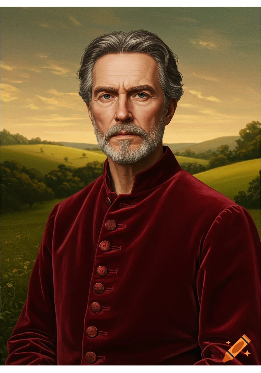 Portrait painting of an older man with grey hair and beard in a red velvet coat, in a green landscape.