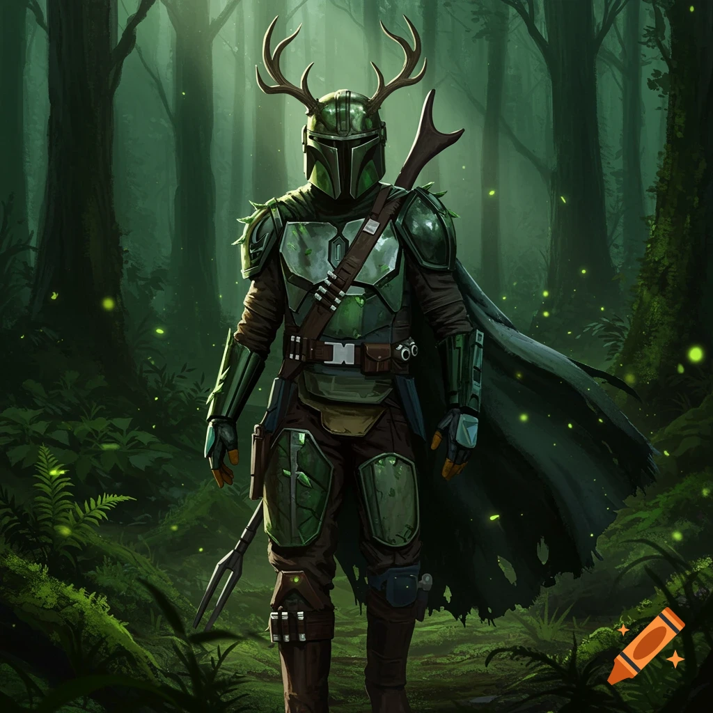 A Mandalorian-style armored character with deer antlers and green, mossy armor stands in a vibrant, misty forest with glowing fireflies.