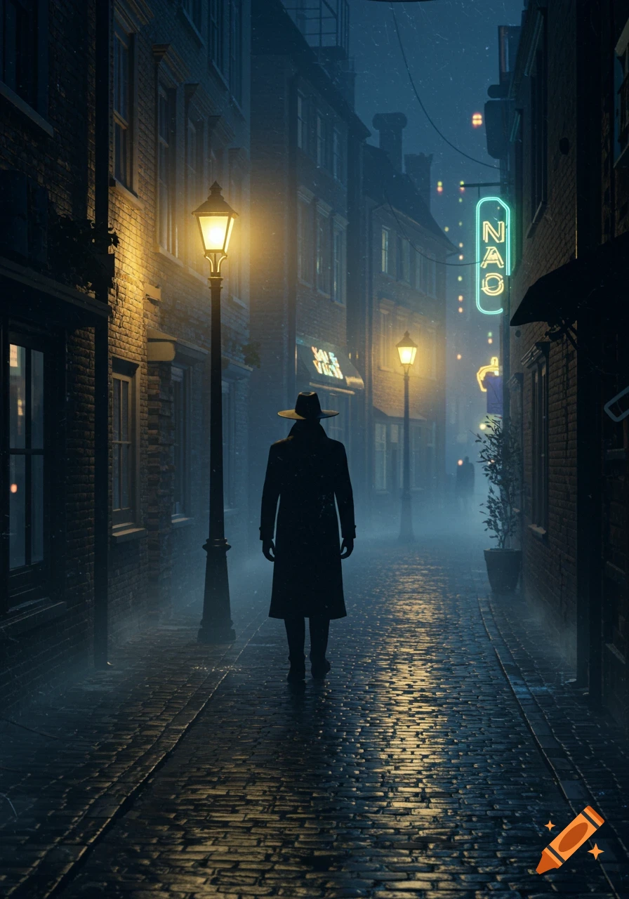A man in a trench coat and hat walks down a foggy, lamp-lit cobblestone street in the rain at night, with neon signs.