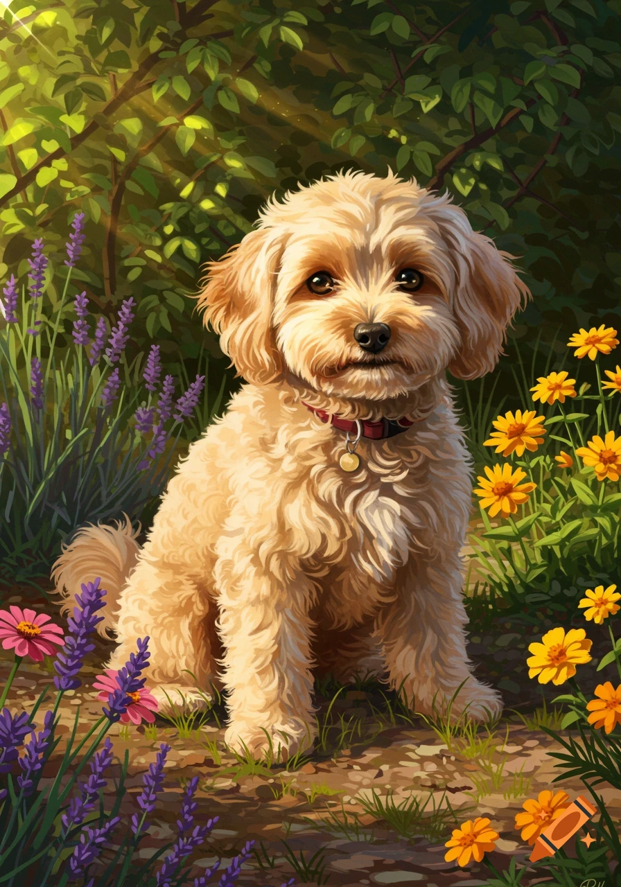 A cute beige cockapoo dog sits among purple lavender and yellow flowers in a sunny garden.
