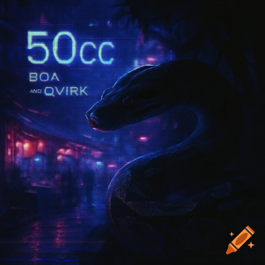 A shadowy boa constrictor in a neon-lit, pixelated cyberpunk city street with '50cc BOA AND QVIRK' text.