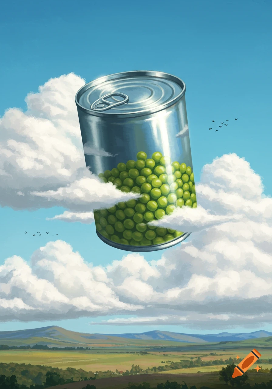 A giant can of peas floats among white clouds in a blue sky above a green landscape with mountains, in a painterly style.