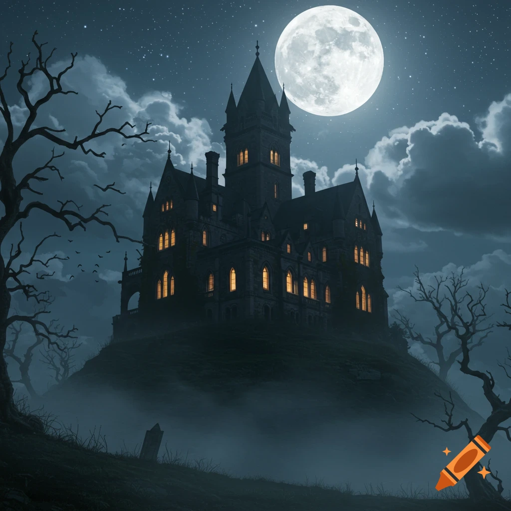 Dark gothic manor on a misty hill under a full moon at night, surrounded by bare trees.