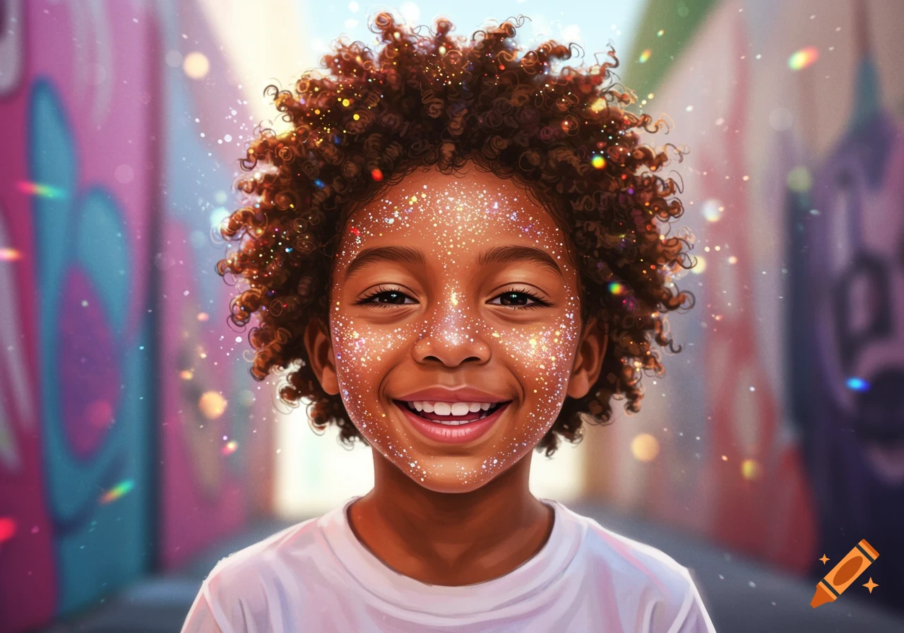 A joyful boy with curly hair and glitter on his face smiles at the camera, against a vibrant, colorful background.